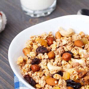 Healthy muesli breakfast, with lots of dry fruits, nuts and grains