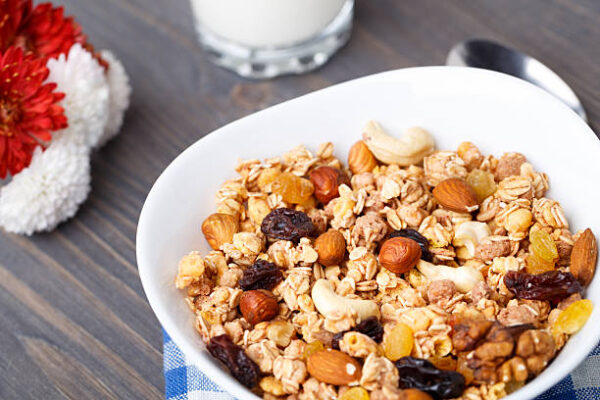Healthy muesli breakfast, with lots of dry fruits, nuts and grains